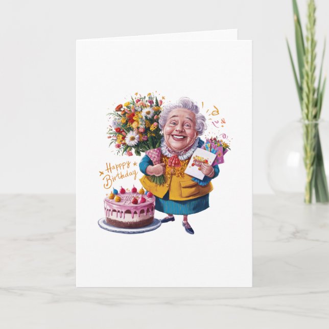 Bicycle Granny with Cake & Balloons Card (Front)