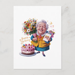 Bicycle Granny with Cake & Balloons Postcard