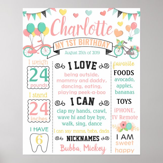 Bicycle Hearts Spring Birthday chalkboard Poster (Front)