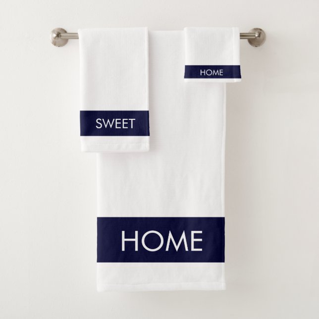 Bicycle Home Sweet Home on Navy Blue & White Bath Towel Set (Insitu)