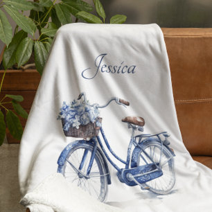 Bicycle in Delft Blue customisable Fleece Blanket