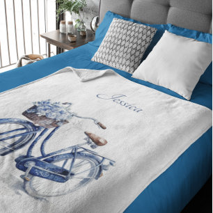 Bicycle in Delft Blue customisable Sherpa Blanket