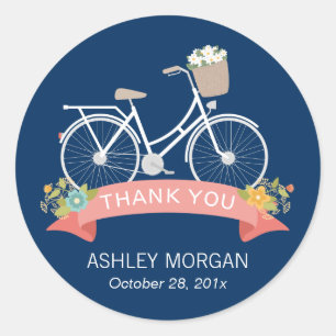 Bicycle Navy Blue Coral Pink Floral Thank You Classic Round Sticker