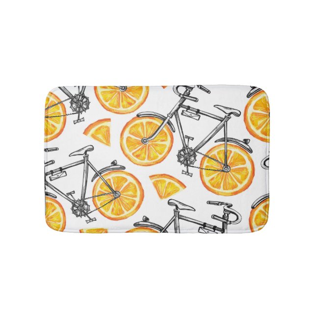 Bicycle Oranges: Watercolor Summer Pattern Bath Mat (Front)