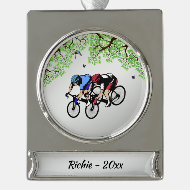 Bicycle Race Personal Silver Plated Banner Ornament (Front)