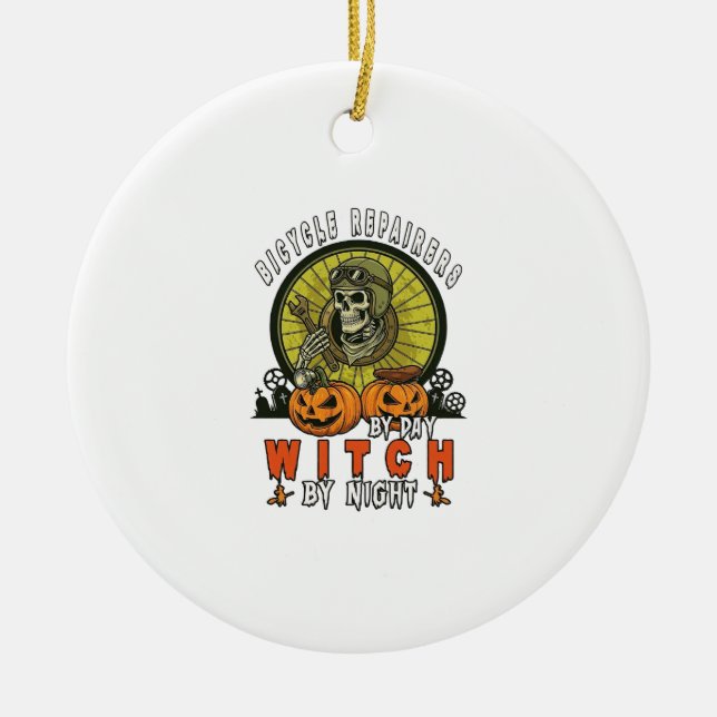 Bicycle Repairers Witch Skull Wrench Pumpkins Hall Ceramic Tree Decoration (Front)