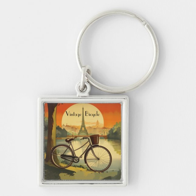 Bicycle Travel Poster, Paris customisable Key Ring (Front)