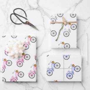 Bicycle Vacation Fun Pink White Blue Preppy Wrapping Paper Sheet