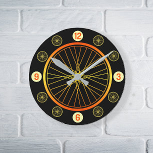 Bicycle wheel orange black round clock