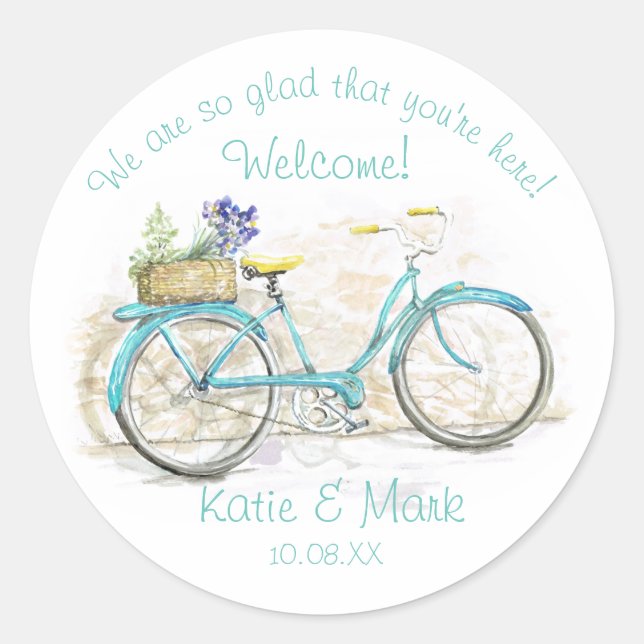 Bicycle with Basket Aqua Welcome Classic Round Sticker (Front)