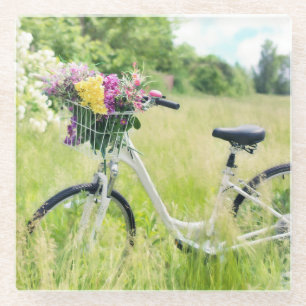 Bicycle with Basket of Flowers in the Meadow Glass Coaster