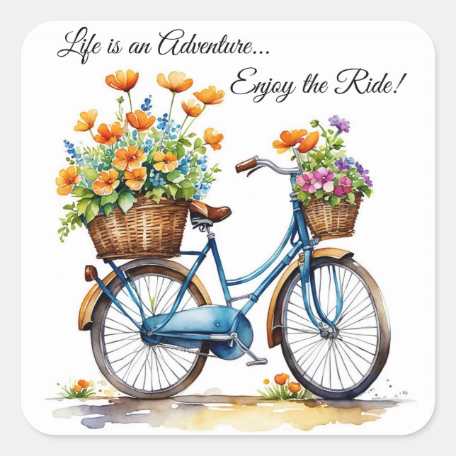 Bicycle With Basket Of Orange Pink Purple Flowers  Square Sticker (Front)
