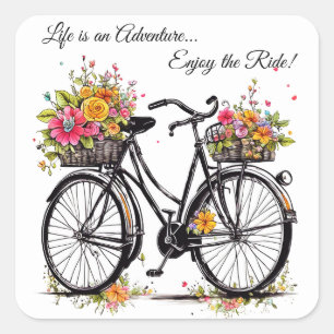 Bicycle With Basket Of Pink Yellow Orange Flowers Square Sticker