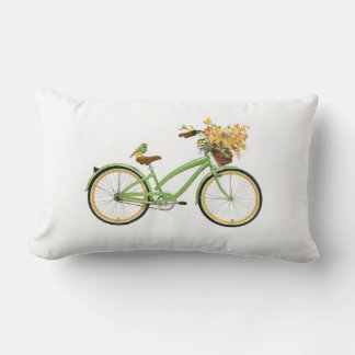 Bicycle With Bird and Flower Basket Green Yellow Lumbar Cushion