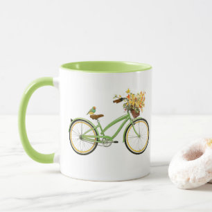 Bicycle With Bird and Flower Basket Green Yellow Mug