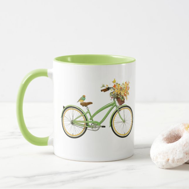 Bicycle With Bird and Flower Basket Green Yellow Mug (With Donut)