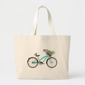 Bicycle With Bird and Flower Basket Turquoise Blue Large Tote Bag