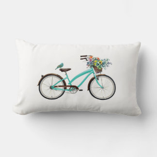 Bicycle With Bird and Flower Basket Turquoise Blue Lumbar Cushion