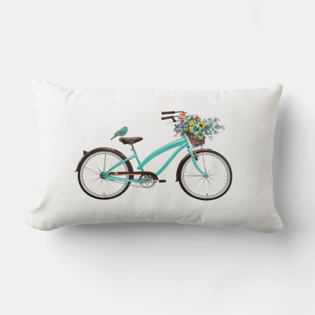 Bicycle With Bird and Flower Basket Turquoise Blue Lumbar Cushion (Front)