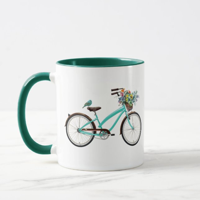 Bicycle With Bird and Flower Basket Turquoise Blue Mug (Left)
