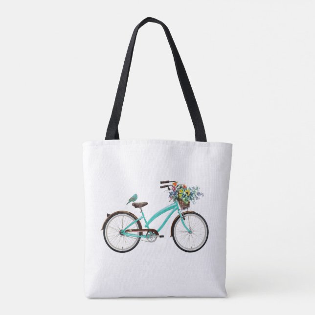 Bicycle With Bird and Flower Basket Turquoise Blue Tote Bag (Back)