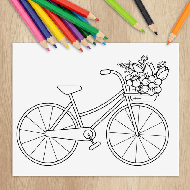 Bicycle with Flower Basket Colouring Page Rubber Stamp (Creator Uploaded)