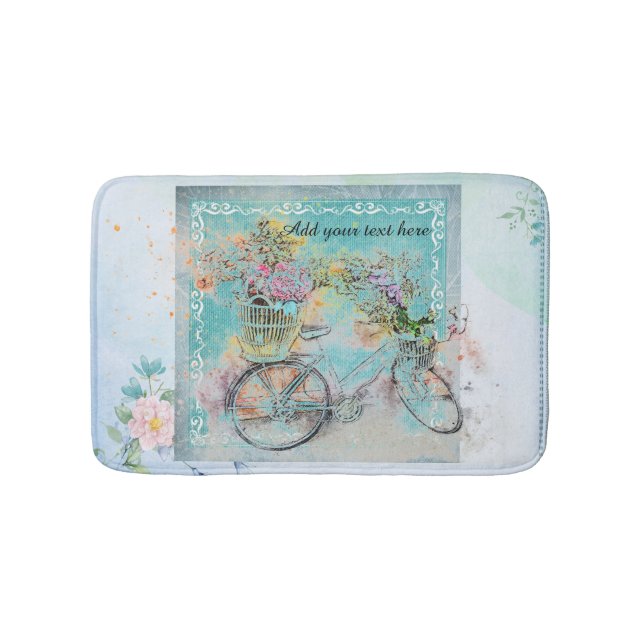 Bicycle with flower baskets on blue burlap bath mat (Front)