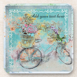 Bicycle with flower baskets on blue burlap coaster