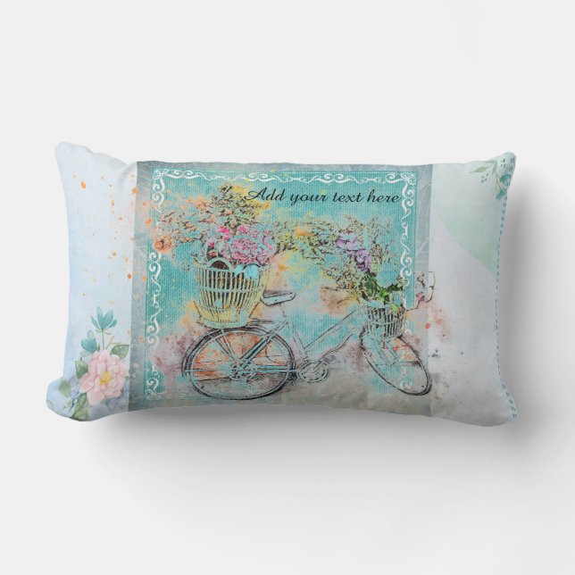 Bicycle with flower baskets on blue burlap lumbar cushion (Front)