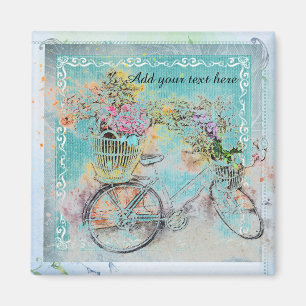 Bicycle with flower baskets on blue burlap magnet