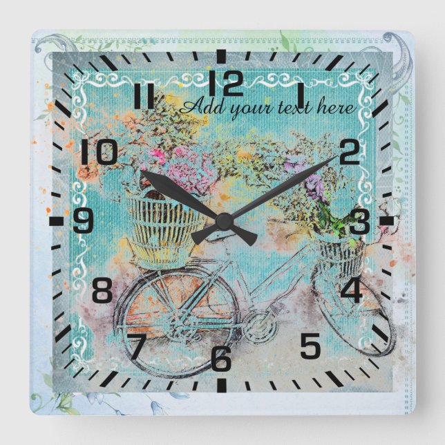 Bicycle with flower baskets on blue burlap square wall clock (Front)