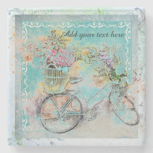 Bicycle with flower baskets on blue burlap stone coaster