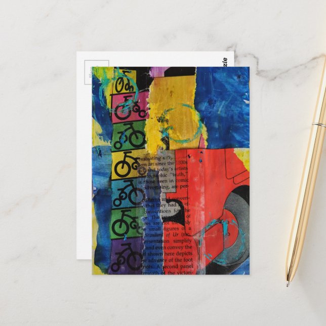 Bicycles and Trucks mixed media collage Postcard (Front/Back In Situ)