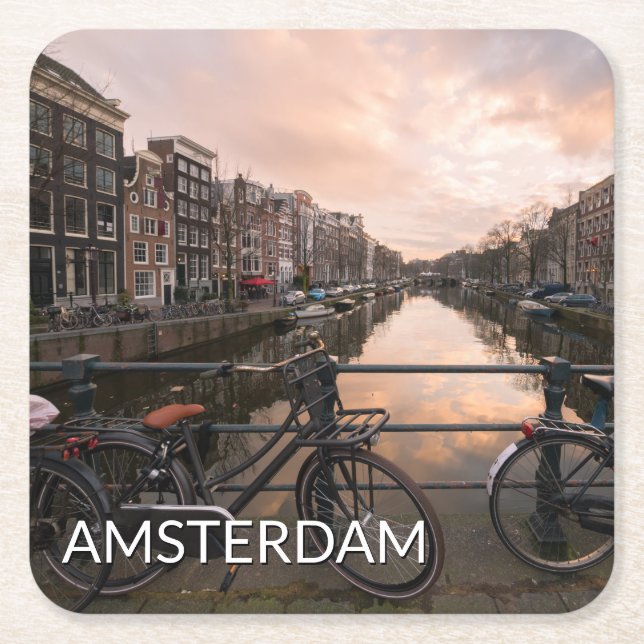 Bicycles at sunset in Amsterdam Square Paper Coaster (Front)