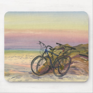 Bicycles by the Sea at Sunset Watercolor Mouse Pad
