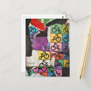 Bicycles colorful mixed media collage postcard