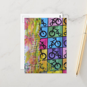 Bicycles colorful mixed media collage postcard