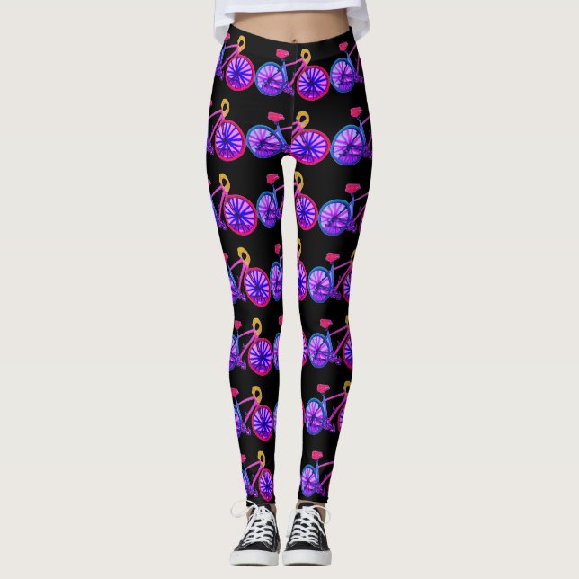 Bicycles Cycling Purple Black Bikes Leggings (Front)