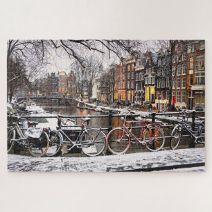 Bicycles in the snow in Amsterdam Jigsaw Puzzle