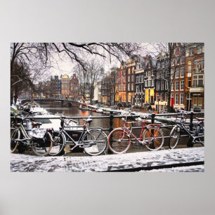 Bicycles in the snow in Amsterdam Poster