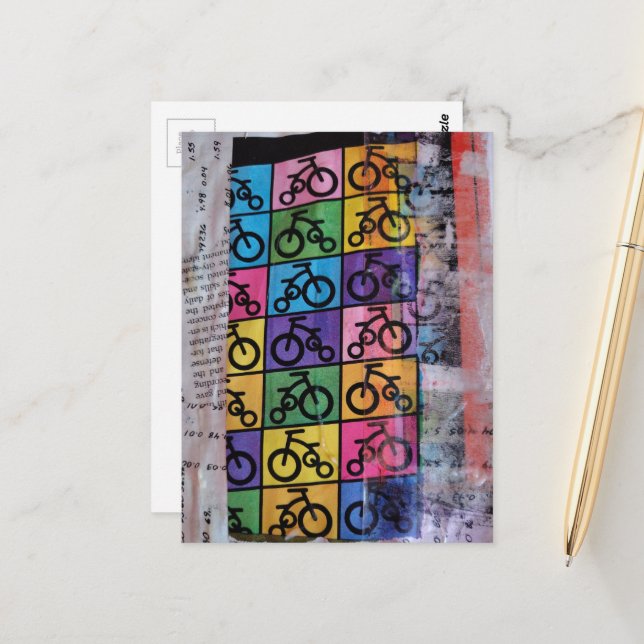 Bicycles mixed media collage postcard (Front/Back In Situ)