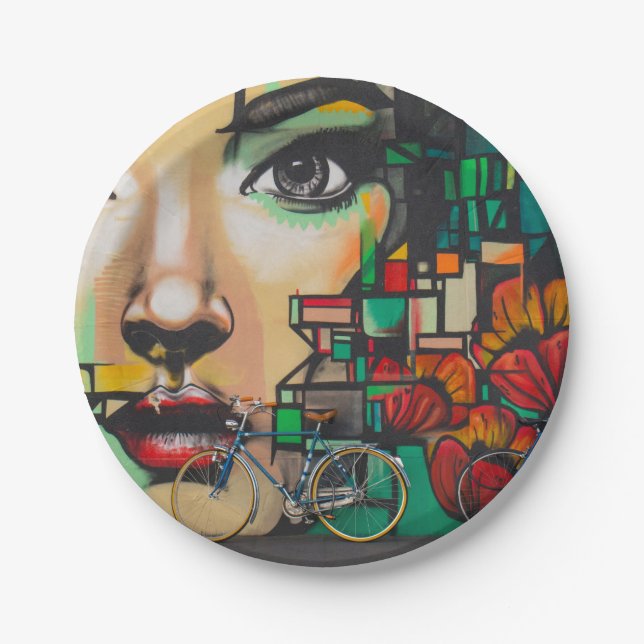 Bicycles on Graffiti wall Paper Plate (Front)