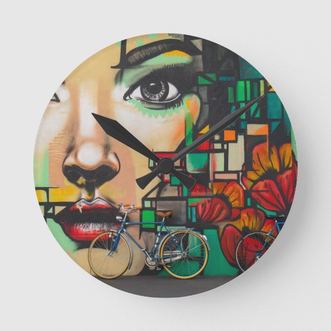 Bicycles on Graffiti wall Round Clock (Front)