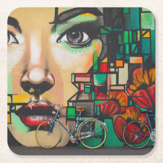 Bicycles on Graffiti wall Square Paper Coaster