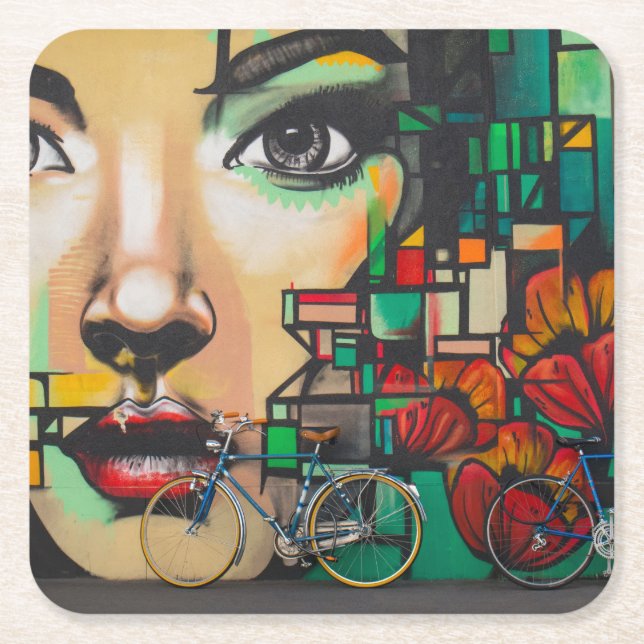 Bicycles on Graffiti wall Square Paper Coaster (Front)