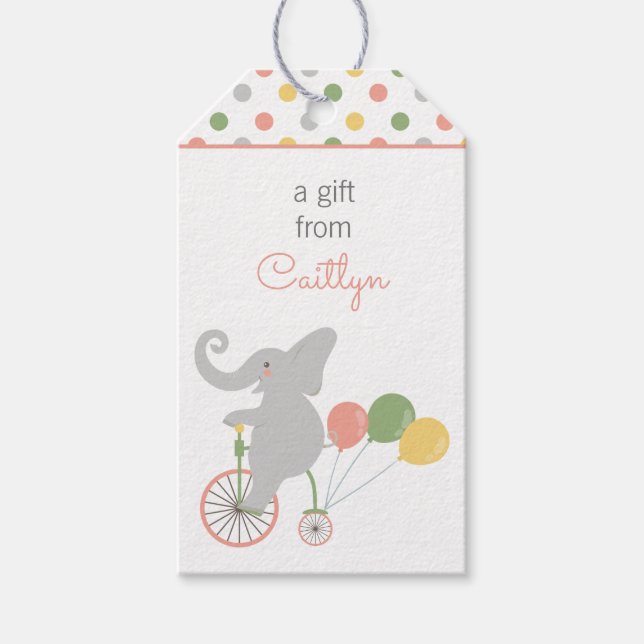 Bicycling Balloon Elephant Personalised Gift Tags (Front)