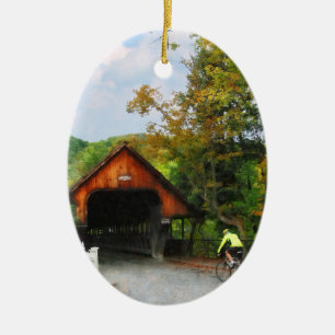 Bicyclist at Middle Bridge Woodstock VT Ceramic Tree Decoration