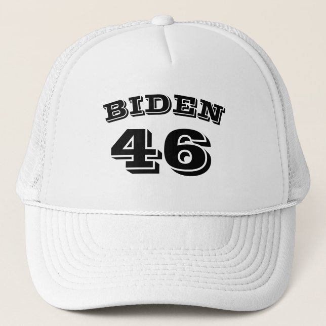 Biden 46 white curved black letters white trucker hat (Front)