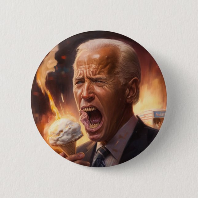 Biden eating  ice cream as the world burns  6 cm round badge (Front)