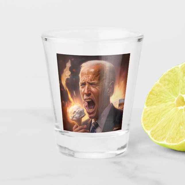 Biden eating  ice cream as the world burns  shot glass (Front)